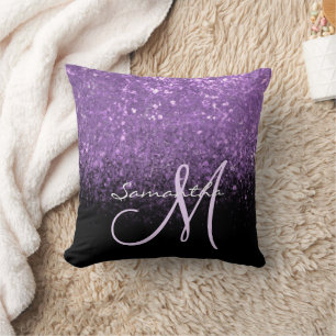 Elegant Monogram Paarse Glitters & Zwart Kussen