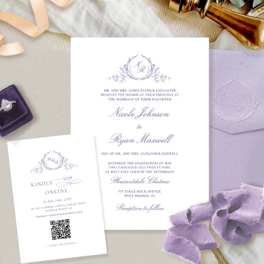 Elegant monogram Paarse RSVP Online, QR-code Informatiekaartje