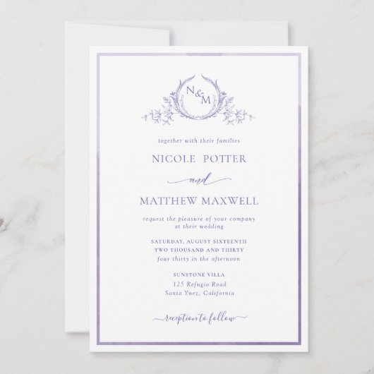 Elegant Monogram Paarse Waterverf Wedding Kaart (Voorkant)