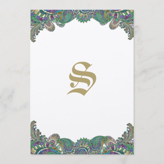Elegant Monogram Paisley Pauw Kleuren Bruiloft Menu (Voorkant)