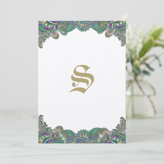 Elegant Monogram Paisley Pauw Kleuren Bruiloft Menu (Staand voorkant)