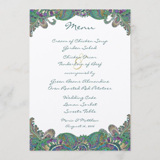 Elegant Monogram Paisley Pauw Kleuren Trouwen Menu (Achterkant)
