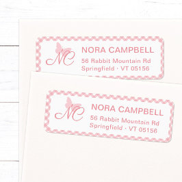 Elegant Monogram Peach Pink Gingham Retouradres Etiket