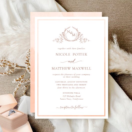Elegant Monogram Peach Waterverf Wedding Kaart