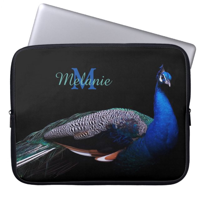 Elegant Monogram Peacock Black Laptop Sleeve (Voorkant)