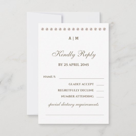 Elegant Monogram Pearl Wedding RSVP Kaart (Voorkant)