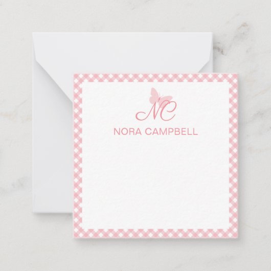 Elegant Monogram Perzik Roze Gingham gepersonalise Notitiekaartje (Voorkant)