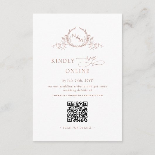 Elegant Monogram Perzik RSVP Online QR Code Informatiekaartje (Voorkant)