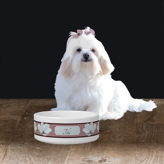 Elegant Monogram Pet Bowl met Magnolia Flowers Voerbakje (Creator heeft geüpload)