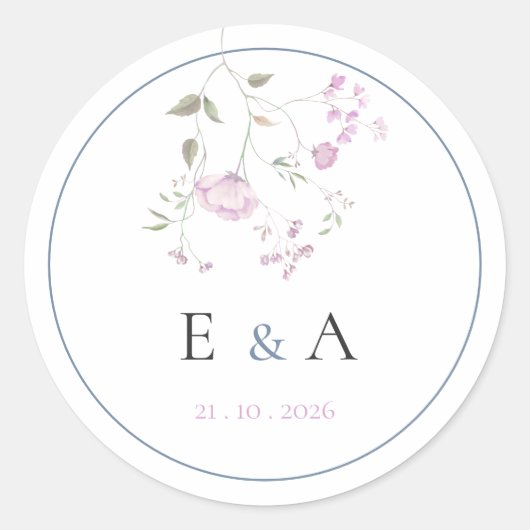Elegant Monogram Pink & Blue Floral Wedding  Ronde Sticker (Voorkant)
