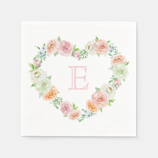 Elegant Monogram Pink Floral Heart Wedding Servet (Voorkant)