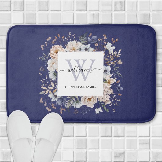 Elegant Monogram Pretty Beige Blue Flowers Floral Badmat