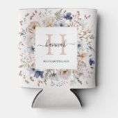 Elegant Monogram Pretty Beige Blue Flowers Floral Blikjeskoeler (Voorkant)