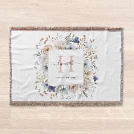 Elegant Monogram Pretty Beige Blue Flowers Floral Deken