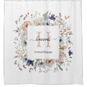 Elegant Monogram Pretty Beige Blue Flowers Floral Douchegordijn (Voorkant)