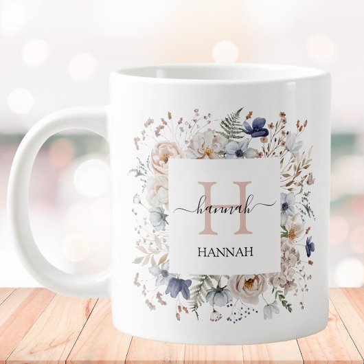 Elegant Monogram Pretty Beige Blue Flowers Floral Grote Koffiekop