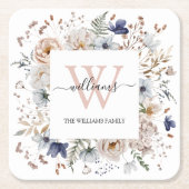 Elegant Monogram Pretty Beige Blue Flowers Floral Kartonnen Onderzetters (Voorkant)