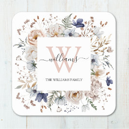 Elegant Monogram Pretty Beige Blue Flowers Floral Kartonnen Onderzetters
