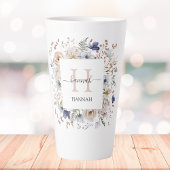 Elegant Monogram Pretty Beige Blue Flowers Floral Latte Mok