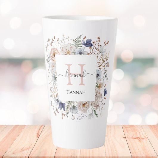 Elegant Monogram Pretty Beige Blue Flowers Floral Latte Mok