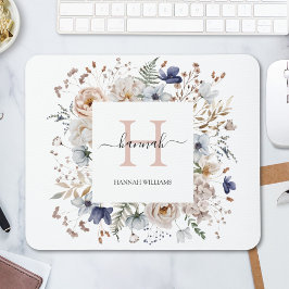 Elegant Monogram Pretty Beige Blue Flowers Floral Muismat