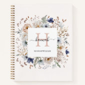 Elegant Monogram Pretty Beige Blue Flowers Floral Notitieboek (Voorkant)