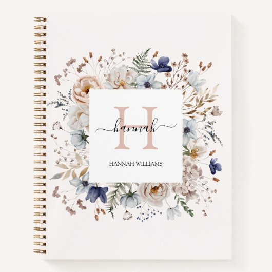 Elegant Monogram Pretty Beige Blue Flowers Floral Notitieboek (Voorkant)