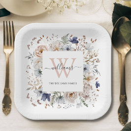 Elegant Monogram Pretty Beige Blue Flowers Floral Papieren Bordje