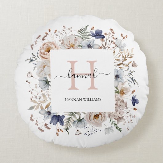 Elegant Monogram Pretty Beige Blue Flowers Floral Rond Kussen (Voorkant)
