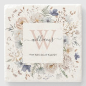 Elegant Monogram Pretty Beige Blue Flowers Floral Stenen Onderzetter (Voorkant)