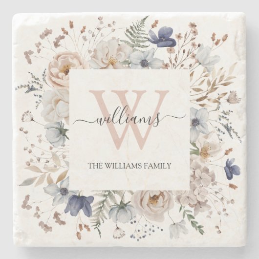 Elegant Monogram Pretty Beige Blue Flowers Floral Stenen Onderzetter (Voorkant)