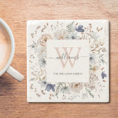 Elegant Monogram Pretty Beige Blue Flowers Floral Stenen Onderzetter