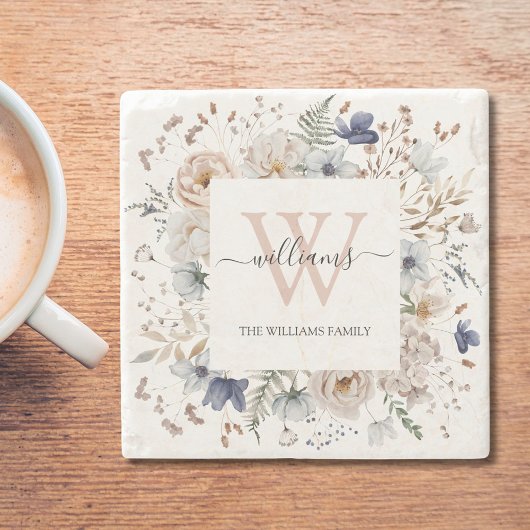 Elegant Monogram Pretty Beige Blue Flowers Floral Stenen Onderzetter