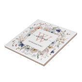 Elegant Monogram Pretty Beige Blue Flowers Floral Tegeltje (Zijkant)