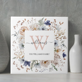 Elegant Monogram Pretty Beige Blue Flowers Floral Tegeltje