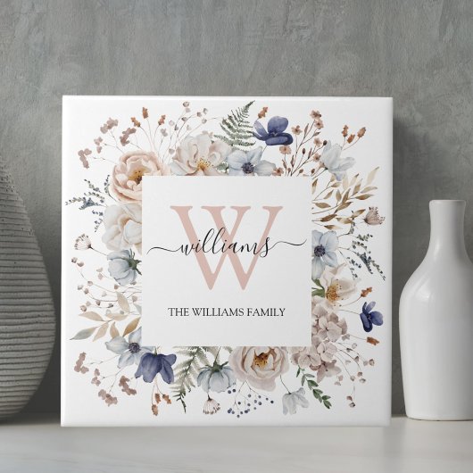 Elegant Monogram Pretty Beige Blue Flowers Floral Tegeltje