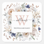 Elegant Monogram Pretty Beige Blue Flowers Floral Vierkante Sticker (Voorkant)