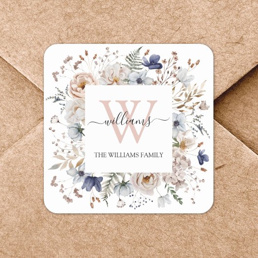 Elegant Monogram Pretty Beige Blue Flowers Floral Vierkante Sticker