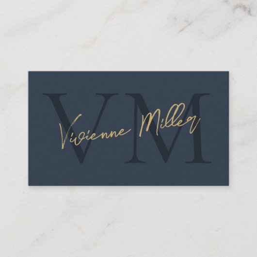 Elegant Monogram Professioneel Marine Blauw Goud Visitekaartje (Voorkant)