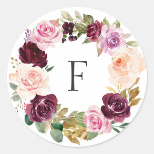 Elegant Monogram Pruim Paars Herfst Bloem Bruiloft Ronde Sticker