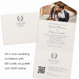 Elegant Monogram QR Code Marine Blauw Bruiloft All In One Uitnodiging