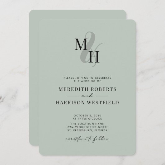 Elegant Monogram QR Code RSVP Sage Green Weddensch Kaart (Voorkant / Achterkant)