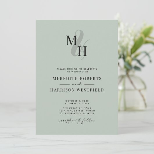 Elegant Monogram QR Code RSVP Sage Green Wedding Kaart (Staand voorkant)