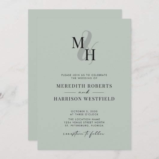 Elegant Monogram QR Code RSVP Sage Green Wedding Kaart (Voorkant / Achterkant)