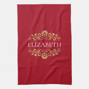 Elegant Monogram Red Gold Kerstkeuken Theedoek