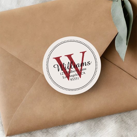 Elegant Monogram Red Return Address Ronde Sticker
