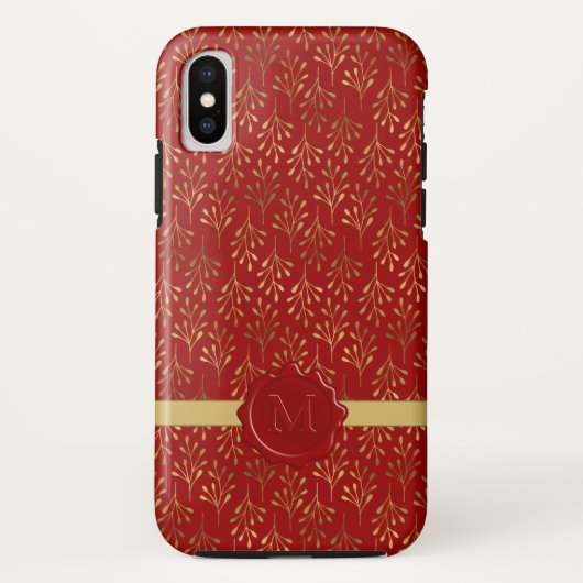 Elegant Monogram Red Wax Seal Gold Leaf Pattern Case-Mate iPhone Case (Achterkant)