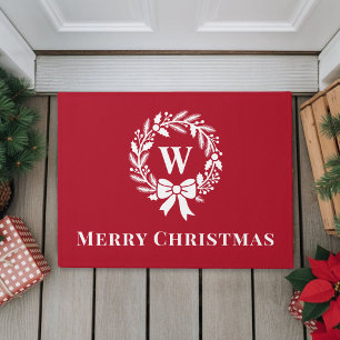 Elegant Monogram Rode Kerstmis Deurmat
