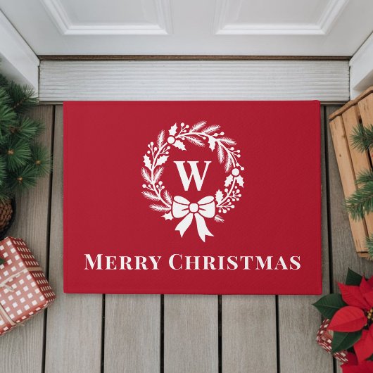 Elegant Monogram Rode Kerstmis Deurmat
