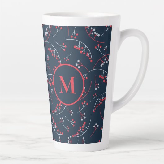 Elegant monogram rode marineblauwe bessen patroon latte mok (Rechts)